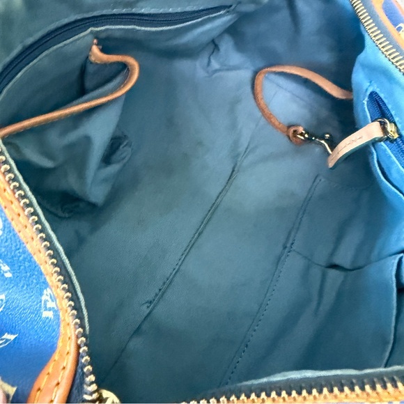 Dooney and Bourke Blue Signature Coated Canvas Barrel Bag and Tan Leather Straps - Picture 9 of 11